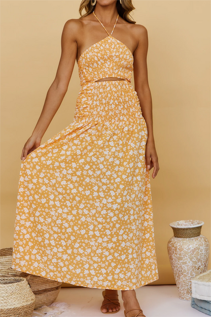 Spring Floral Halter Elastic Sleeveless Mini Dress