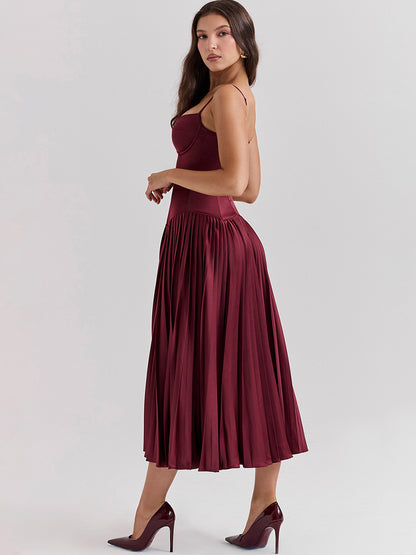 Corset Dress Spaghetti Straps Accordion Pleated Skirt Prom Birthday Party Midi Dresses