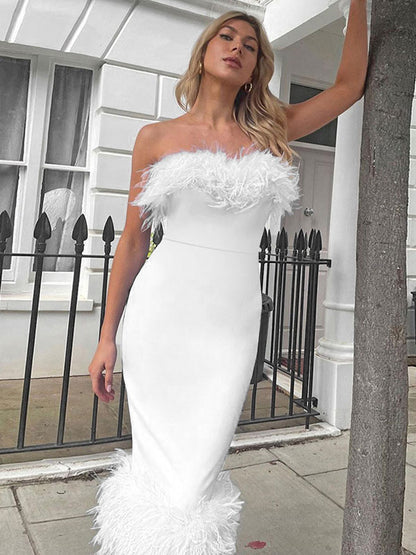 Feather Trim Midi Dress Off The Shoulder Backless Prom Birthday Party Dresses