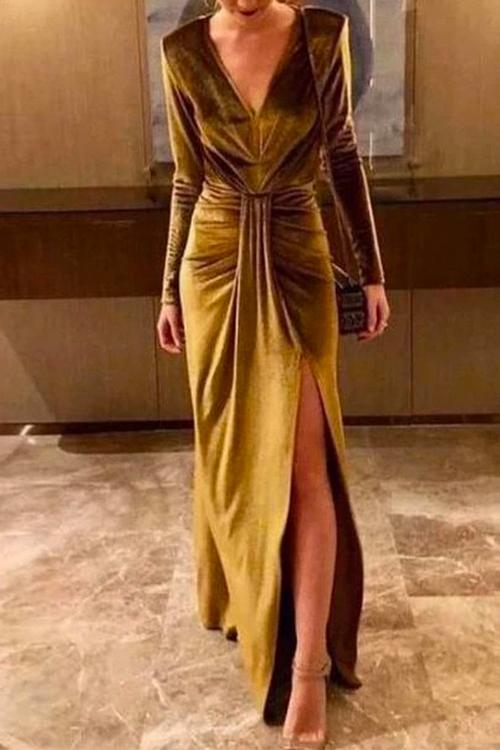 Deep V Neck Ruched Split Velvet Maxi Dress(5 Colors Available)
