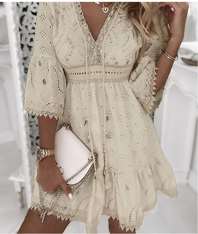 Eyelet Lace Tassel Tie Scalloped Trim Tiered Ruffle Mini Dress
