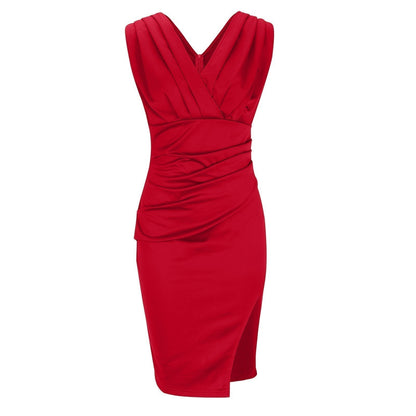 Women’s V-Neck Fitted Office Dress - Short Sleeve Slit Pencil Style