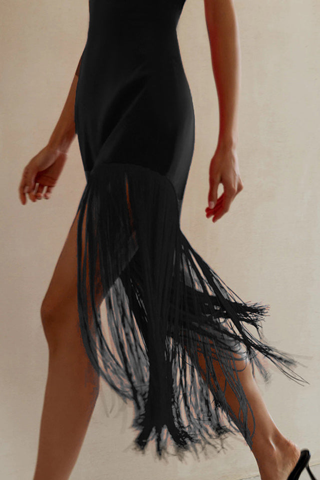 Strapless Side Slit Fringe Trim Bandeau Mini Dress
