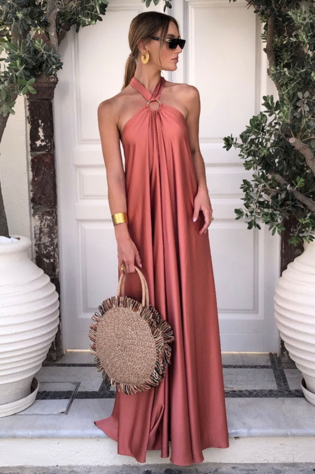 Halter Neck Metal Ring Gathered Pleat A-Line Maxi Dress