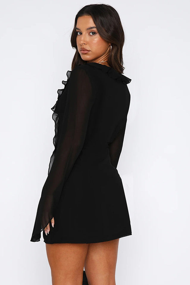 Ruffle Trim Tie Front Keyhole Deep V Neck Long Bell Sleeve Chiffon Mini Dress