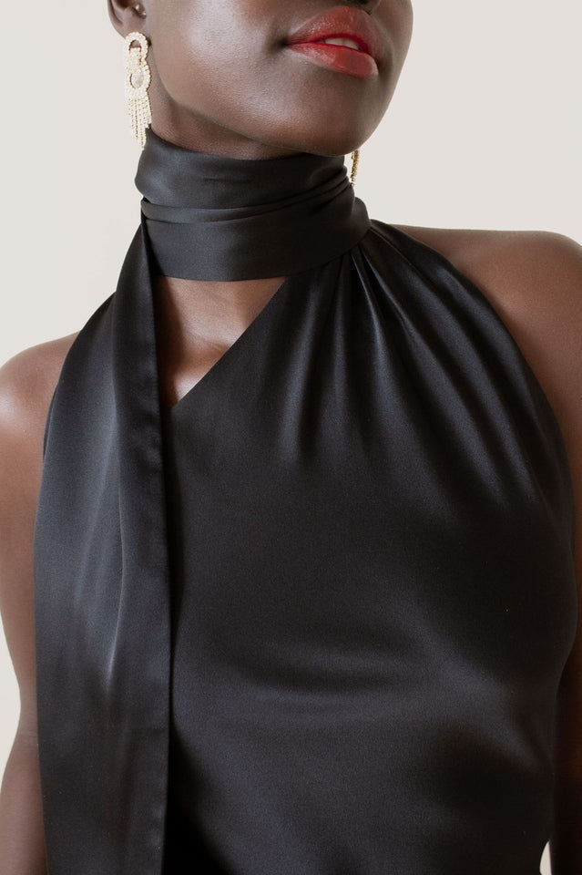 Halter Cowl Back Cross Strap Satin Mini Dress