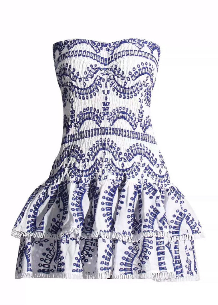 Strapless Smocked Geometric Print Tiered Ruffle Mini Dress