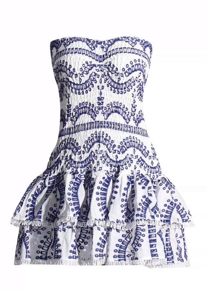 Strapless Smocked Geometric Print Tiered Ruffle Mini Dress