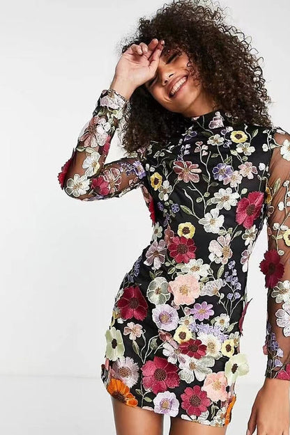 Mock Neck Long Sleeve 3D Floral Applique Mesh Overlay Bodycon Mini Dress