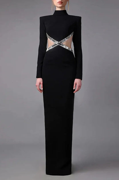 Mock Neck Crystal Trim Waist Cutout Long Sleeve Mermaid Maxi Dress