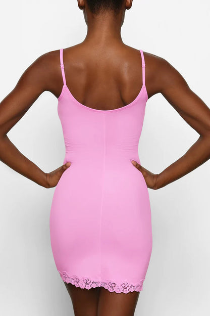 Scoop Neck Lace Trim Spaghetti Strap Bodycon Slip Mini Dress