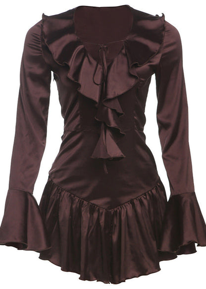 Deep V-Neck Lace Up Ruffle Trim Bell Sleeve Satin Ruffle Hem Mini Dress