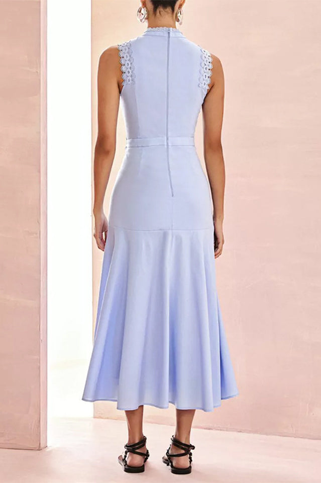 Mock Neck Crochet Lace Trim Eyelet Panel Pleated Fit and Flare Midi Dress