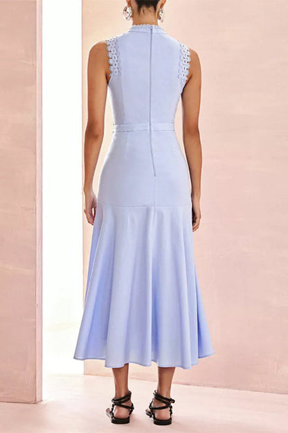 Mock Neck Crochet Lace Trim Eyelet Panel Pleated Fit and Flare Midi Dress