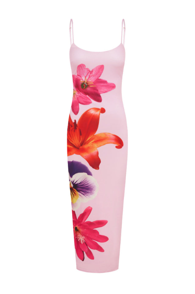 Spaghetti Strap Straight Neck Large Floral Graphic Print Bodycon Maxi Dress