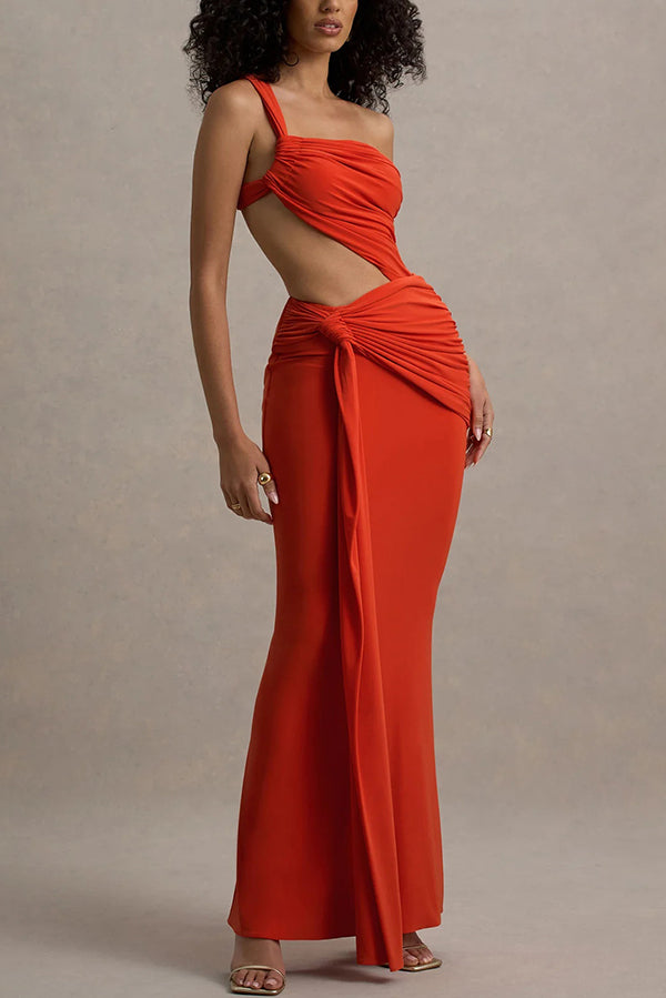 Sexy One-shoulder Backless Ribbon Pleated Slim Maxi Dress