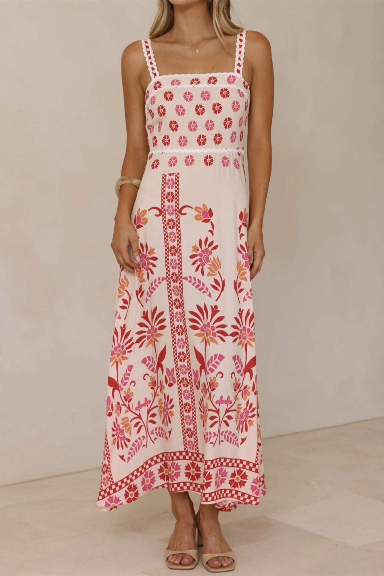Scalloped Trim Square Neck Panel Print Border Hem Maxi Dress