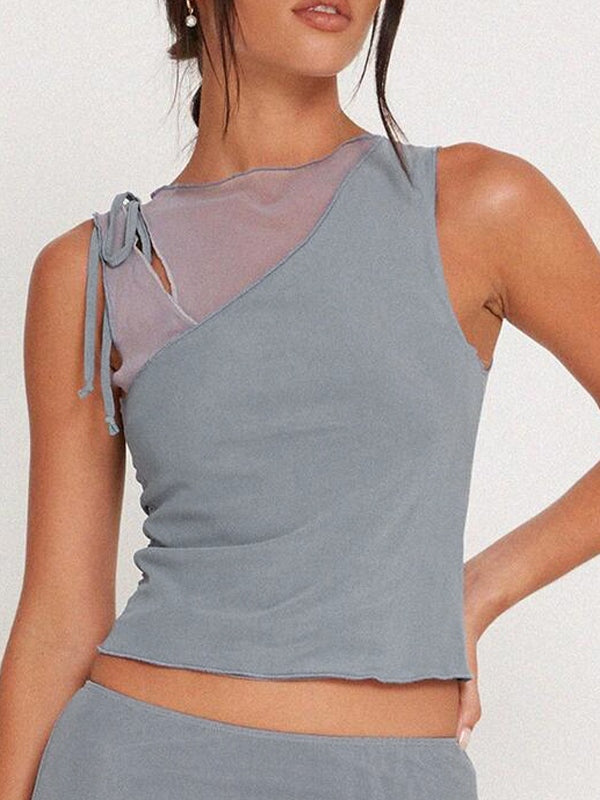 Mesh Stitching Asymmetric Lace Up Tank Top