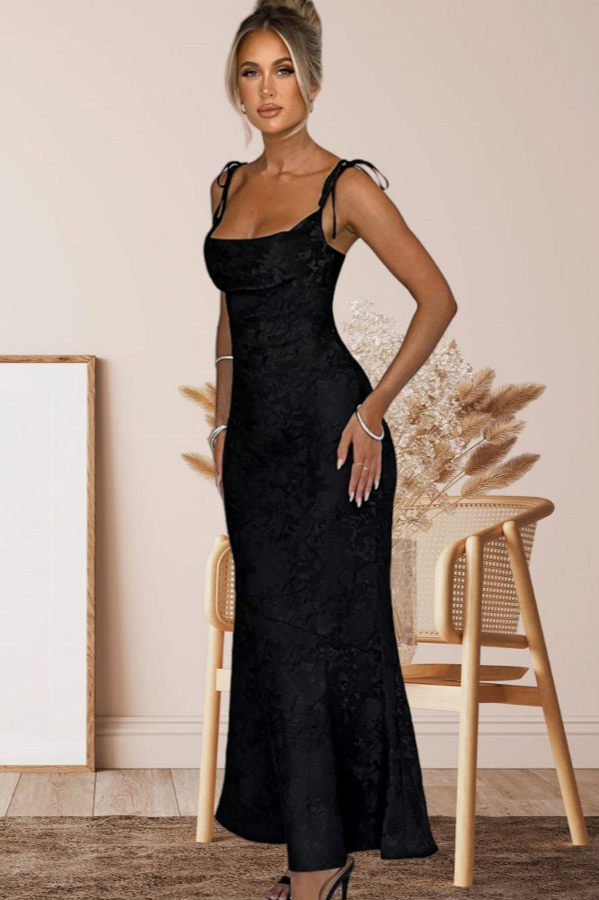 Tie-Shoulder Jacquard Floral Mermaid Maxi Formal Gown