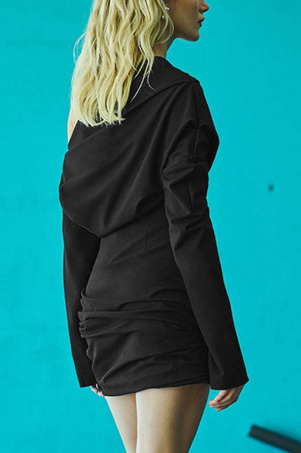 Solid Color Off-neck Long-sleeved Fitted Waist Casual Mini Dress