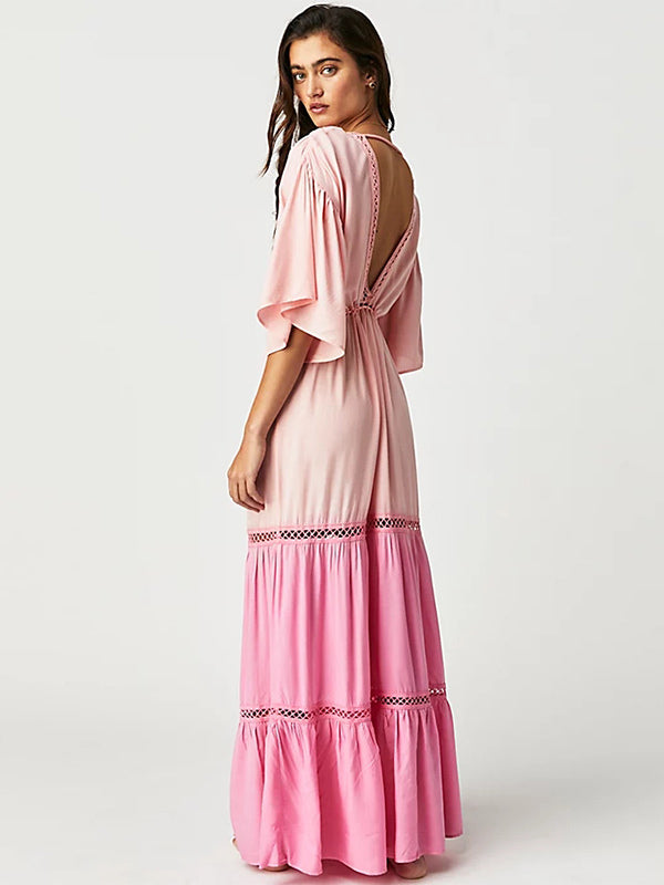 Boho Dress V-Neck Low-cut Back Ruffles Tiered Hollow Maxi Dresses