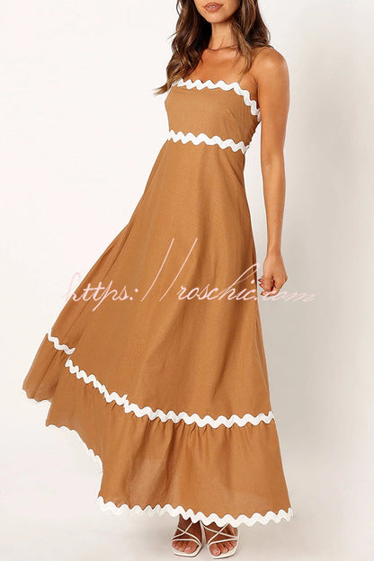 Bayside Beauty Wave Trim Patchwork Back Smocked Suspender Maxi Dress