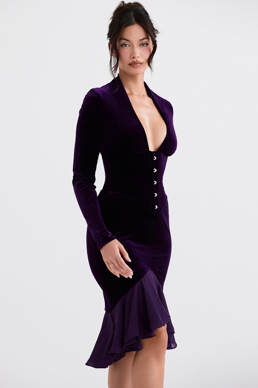 Velvet Solid Long Sleeve Midi Dress