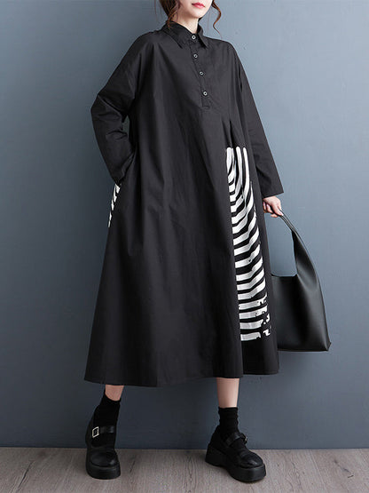 A-Line Long Sleeves Asymmetric Buttoned Pleated Printed Split-Joint Lapel Midi Dresses Shirt Dress