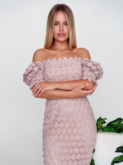 Lace Sexy Square Neck Short Sleeves Midi Dress