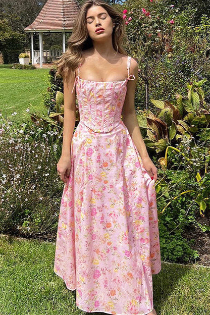 Spliced Fishbone Tube Sweet Floral Dress