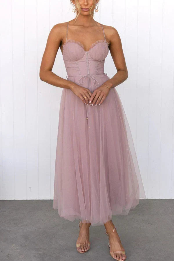 Sweetheart Neck Spaghetti Strap Corset Lace Up Tulle Skirt Midi Dress