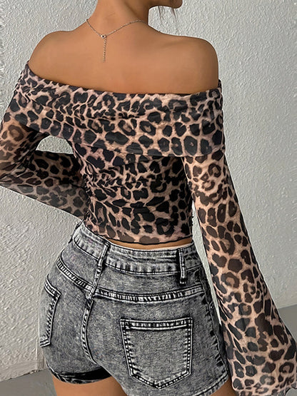 One Shoulder Leopard Print Long Sleeve Tee