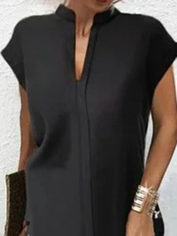 Loose Short Sleeves Solid Color Split-Joint V-Neck Mini Dresses Short Dresses