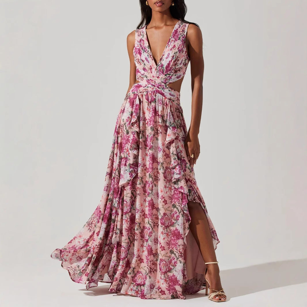 Sweet Floral Tiered Maxi Dress with Side Slit – French Style