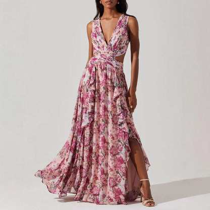Sweet Floral Tiered Maxi Dress with Side Slit – French Style