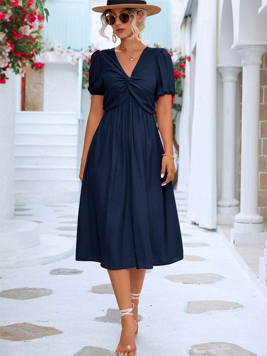 Pleated Casual V-Neck Short Sleeves Midi Dress