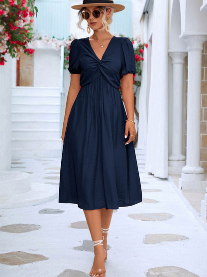 Pleated Casual V-Neck Short Sleeves Midi Dress