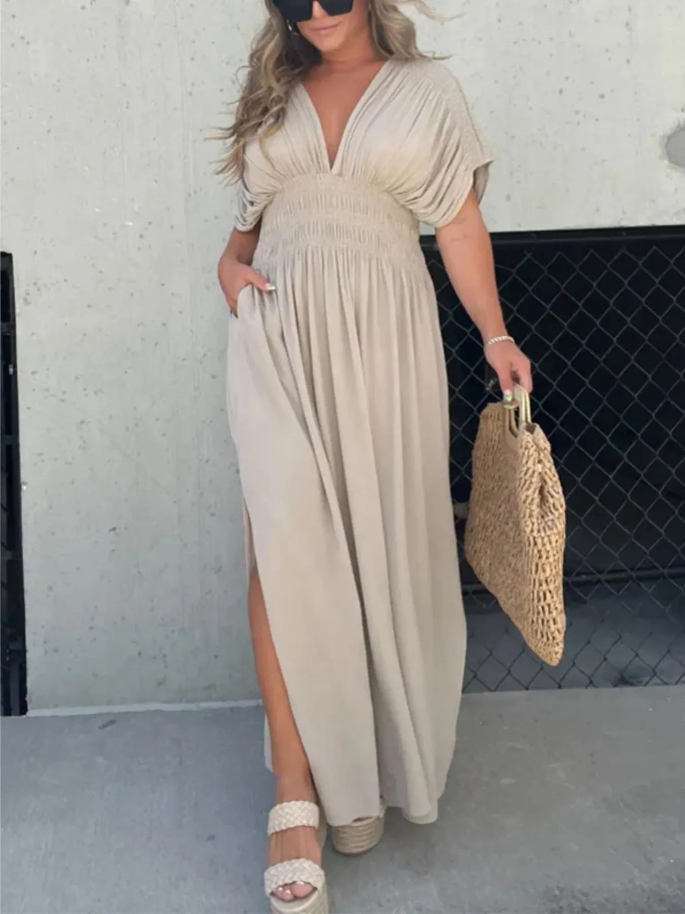 V-Neck Smocked Empire Waist Flutter Sleeve Pocket Maxi Dress with Side Slit