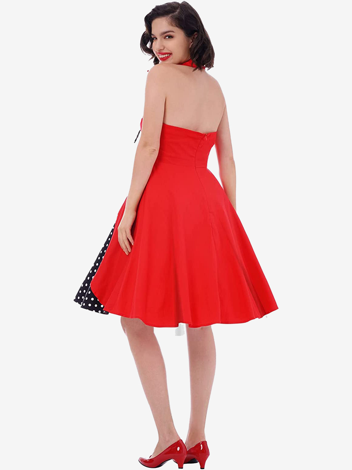 Red And Black Sexy Knot V Neck Halter Party Vintage Dress Women Pin Up Fit And Flare Layered Elegant Midi Dresses