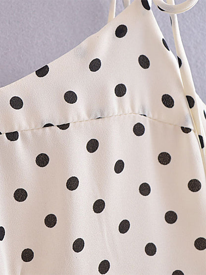 Summer Midi Dress White Straps Neck Pleated Polka Dot Beach Dress