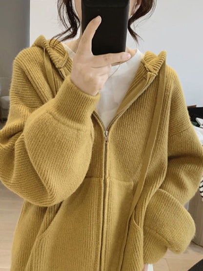 Solid Hooded Zip Up Knit Cardigan
