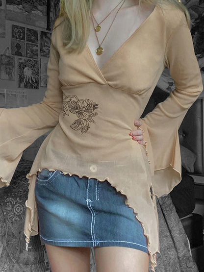 Retro Floral V-Neck Top Oversized Long Sleeve