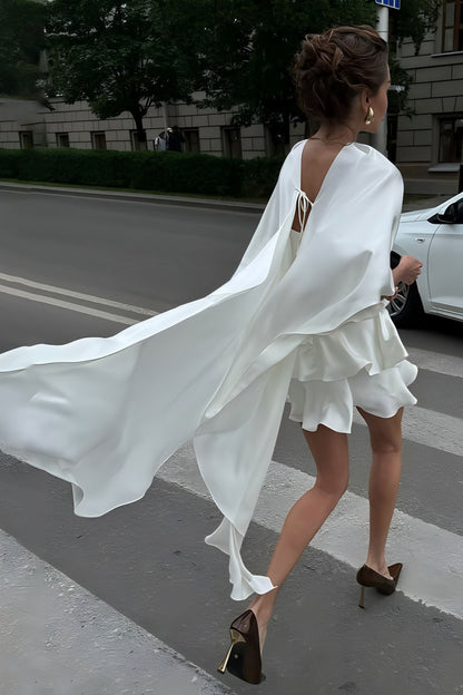 Solid Satin Shawl Cami Ruffle Mini Dress