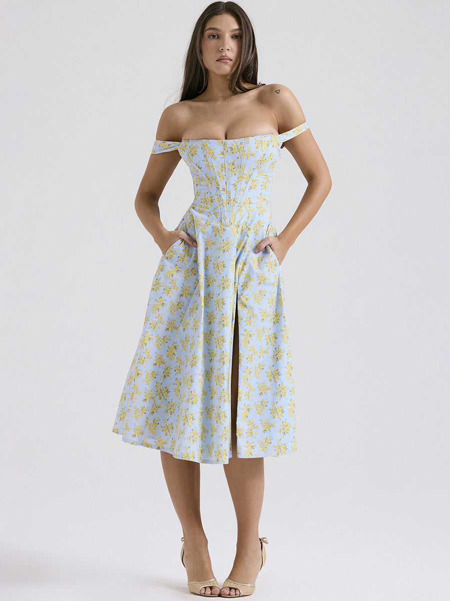 Corset Dress Floral Wide Strap Backless Lace Up Slit Sexy Party Midi Dresses