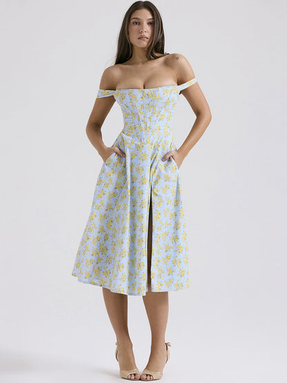 Corset Dress Floral Wide Strap Backless Lace Up Slit Sexy Party Midi Dresses