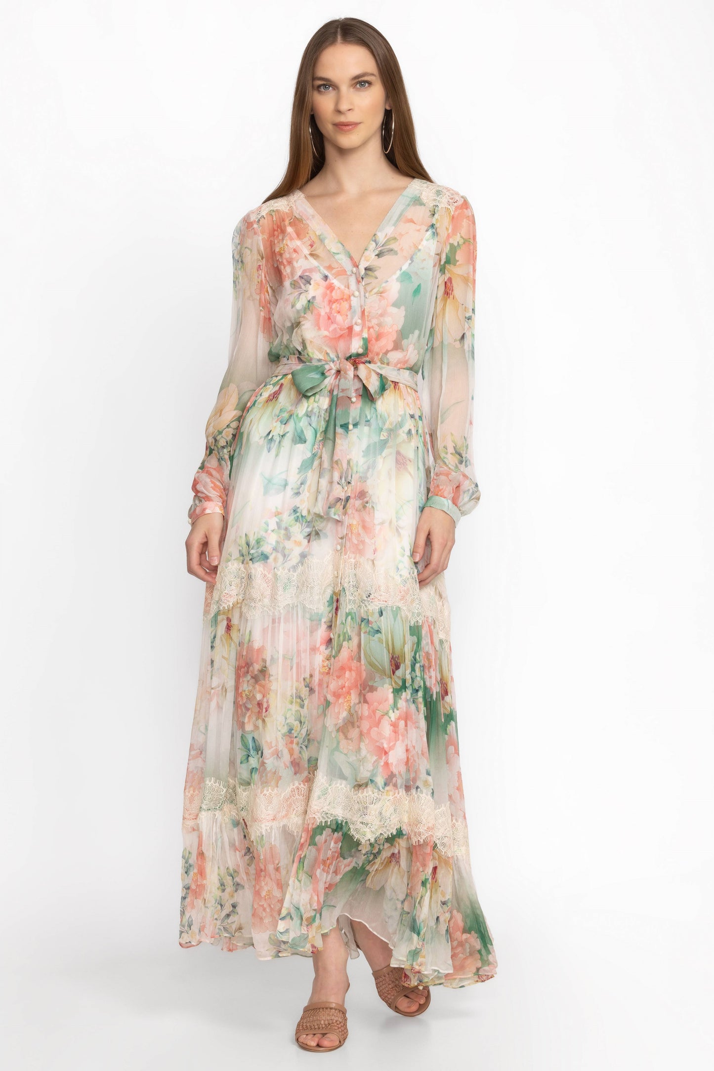 Floral Bottom Long Sleeve Midi Dress With Belt