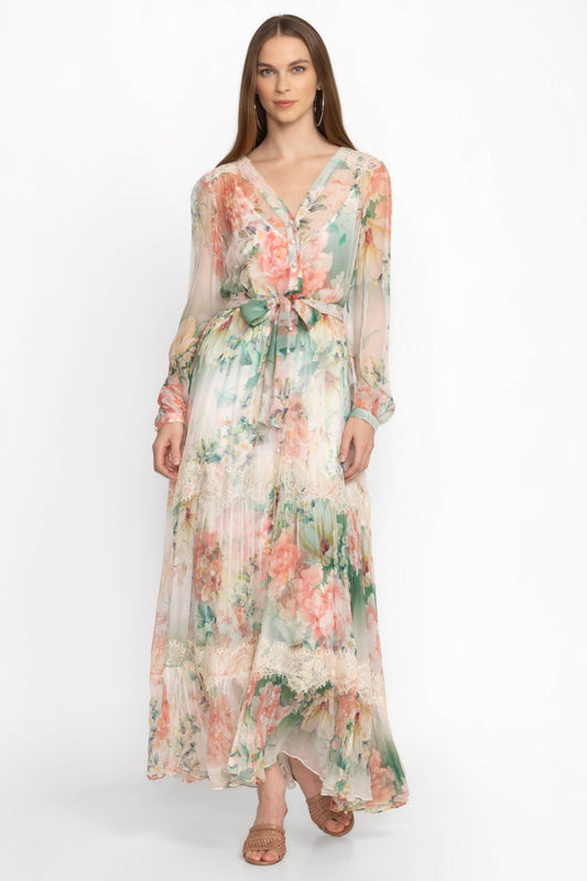 Floral Bottom Long Sleeve Midi Dress With Belt