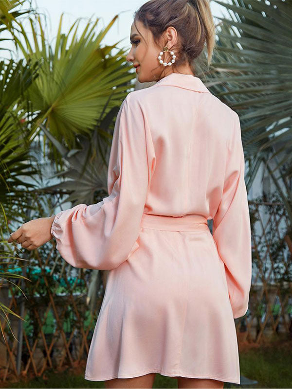 Mini Dresses Pink V-Neck Lace Up Long Sleeves Silk-like Dresses