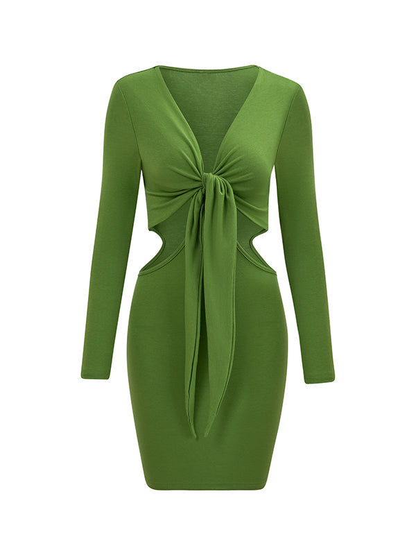 Long Sleeves Skinny Hollow Knot Solid Color Tied Deep V-Neck Mini Dresses