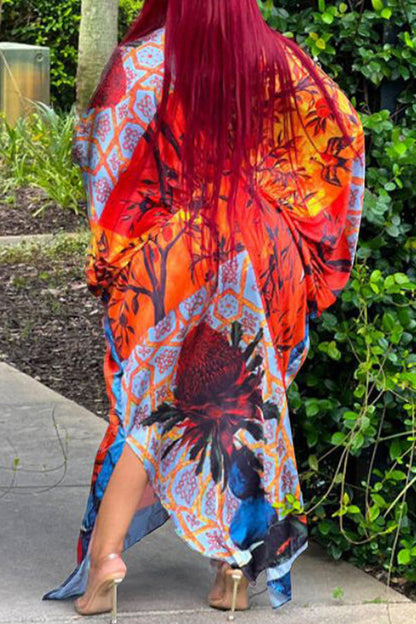 Sexy Plus Size Satin Print V-neck Batwing Sleeve Slit Loose Maxi Dress